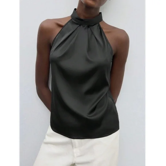 Black Satin Halter Blouse Top - Picture 1 of 8